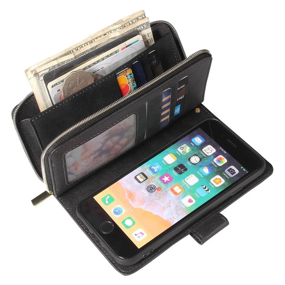 For iPhone 8 / 7 / SE (2020) / SE (2022) Ultra-thin Phone Shell PU Leather Wallet Phone Case Stand Cover with 9 Card Slots and Zipper Pocket - Black - 6