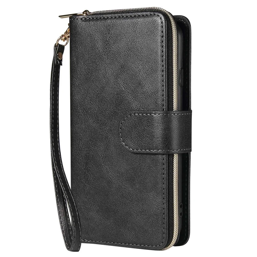 For iPhone 8 / 7 / SE (2020) / SE (2022) Ultra-thin Phone Shell PU Leather Wallet Phone Case Stand Cover with 9 Card Slots and Zipper Pocket - Black - 7