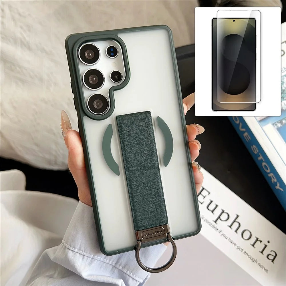 For Samsung Galaxy S26 Ultra TPU Case Skin Touch D Ring Kickstand Magnetic Phone Cover with Tempered Glass - Green - 1