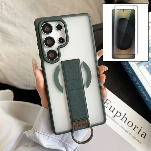 For Samsung Galaxy S26 Ultra TPU Case Skin Touch D Ring Kickstand Magnetic Phone Cover with Tempered Glass - Green - 1