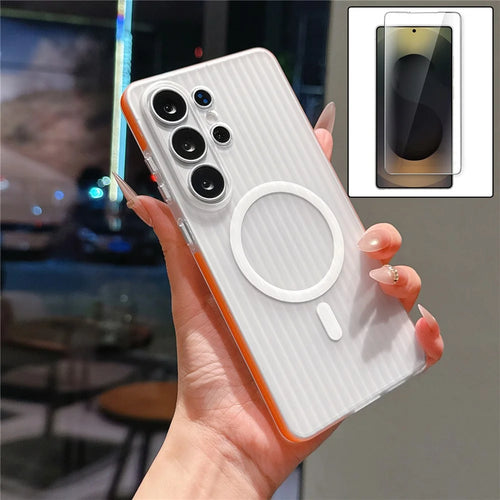 For Samsung Galaxy S26 Ultra TPU Magnetic Case Matte Corrugated Stripes Design Phone Back Cover with Tempered Glass - Orange - 1