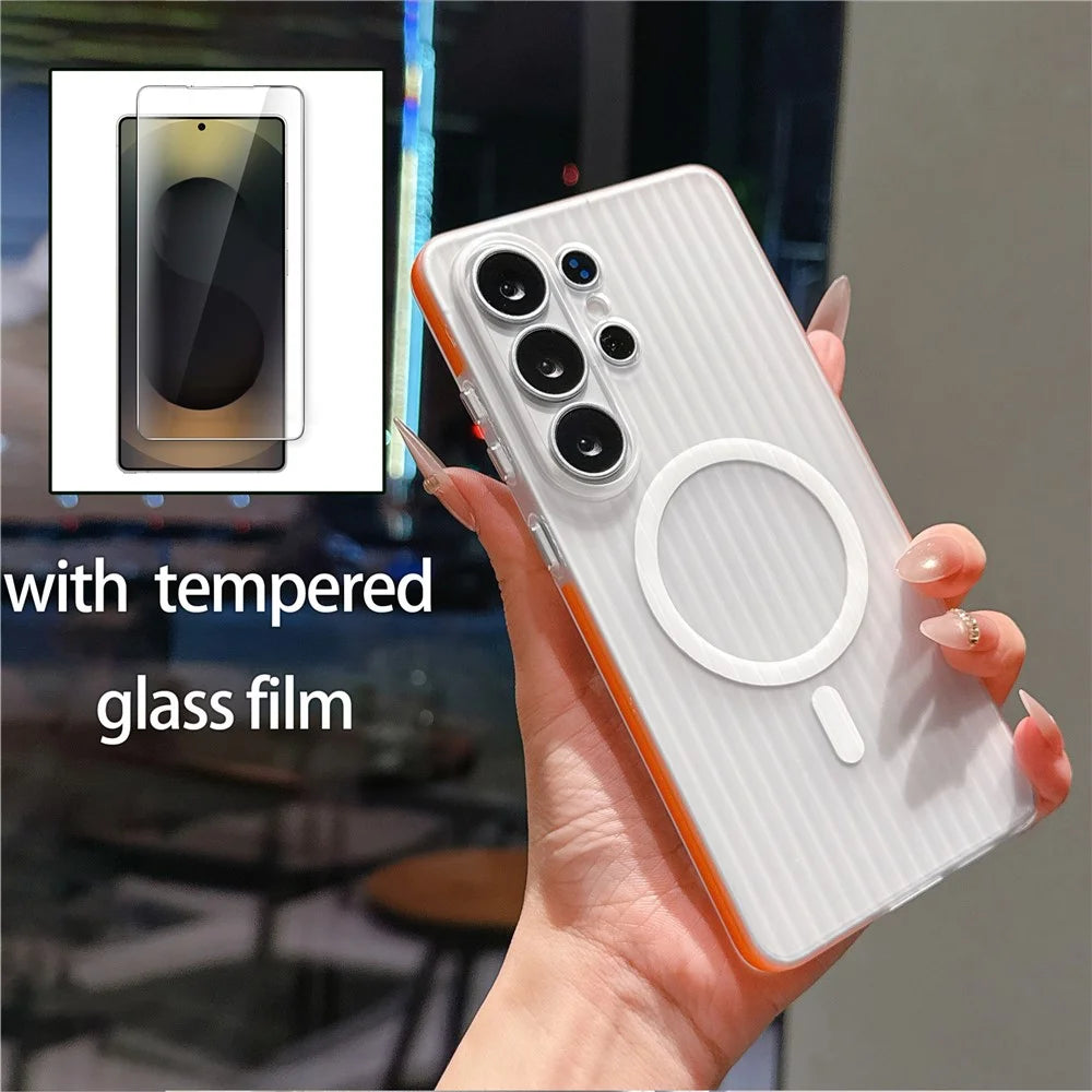 For Samsung Galaxy S26 Ultra TPU Magnetic Case Matte Corrugated Stripes Design Phone Back Cover with Tempered Glass - Orange - 2