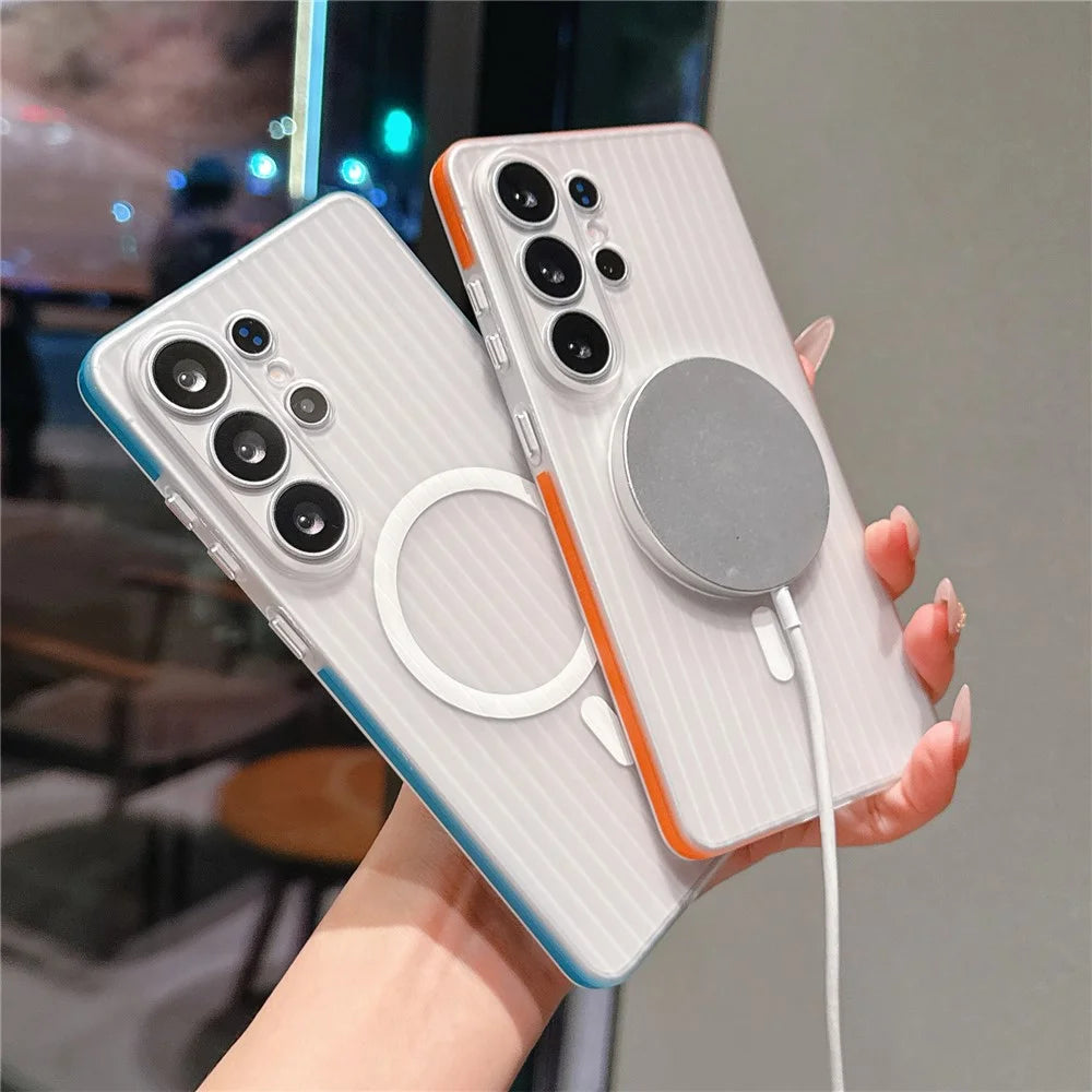 For Samsung Galaxy S26 Ultra TPU Magnetic Case Matte Corrugated Stripes Design Phone Back Cover with Tempered Glass - Orange - 5