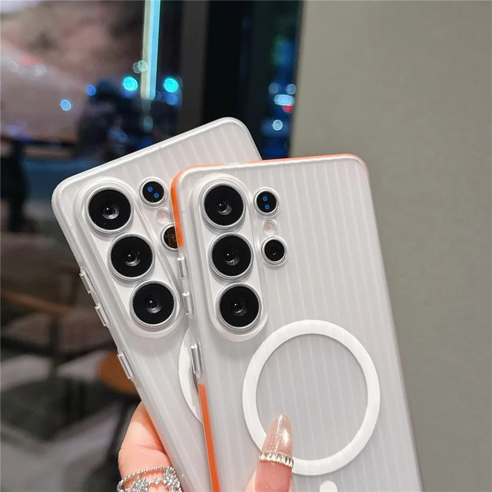 For Samsung Galaxy S26 Ultra TPU Magnetic Case Matte Corrugated Stripes Design Phone Back Cover with Tempered Glass - Orange - 6