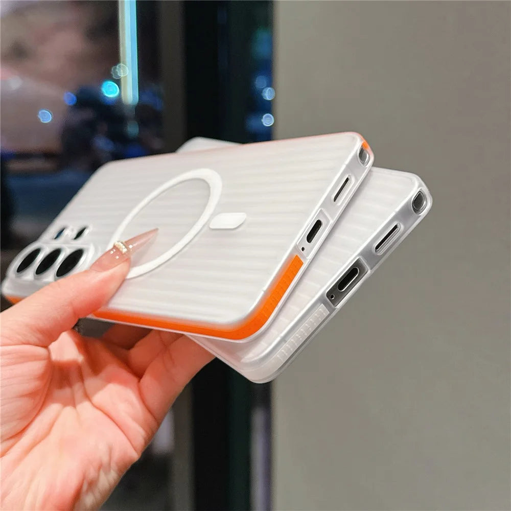 For Samsung Galaxy S26 Ultra TPU Magnetic Case Matte Corrugated Stripes Design Phone Back Cover with Tempered Glass - Orange - 7