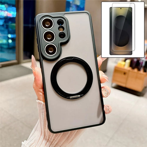 For Samsung Galaxy S26 Ultra Magnetic Case Rotating Kickstand TPU+PC Phone Cover with Tempered Glass Film - Black - 1