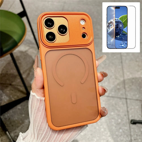 For iPhone 17 Pro Max Magnetic Case Skin Touch PC + TPU Anti-slip Phone Cover with Tempered Glass Compatible with MagSafe - Orange - 1