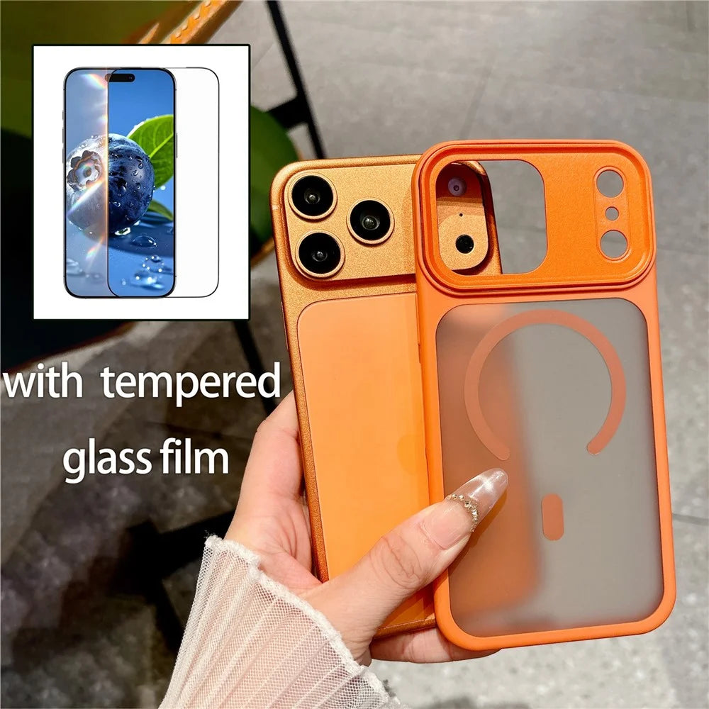 For iPhone 17 Pro Magnetic Case Skin Touch PC + TPU Anti-slip Phone Cover with Tempered Glass Compatible with MagSafe - Orange - 3