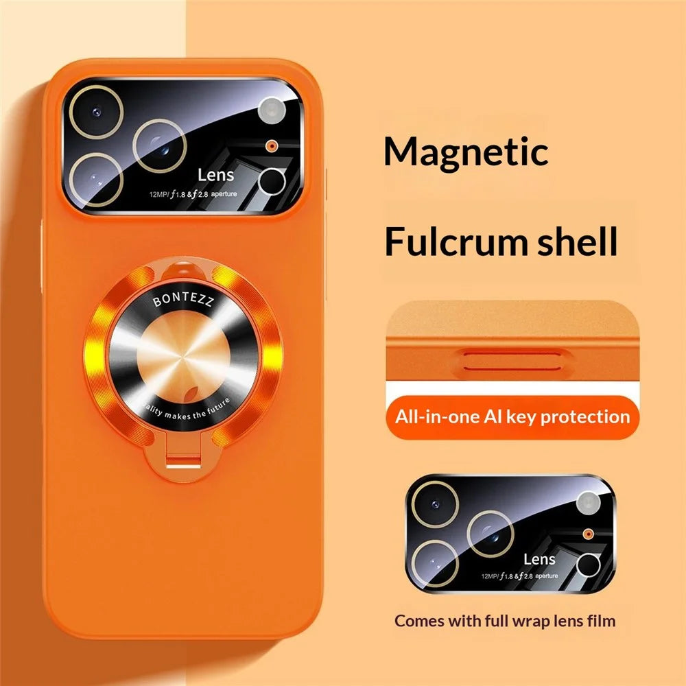 For iPhone 17 Pro Magnetic Case Ultra-thin TPU Anti-drop Phone Cover with Kickstand and Tempered Glass Compatible with MagSafe - Orange - 3
