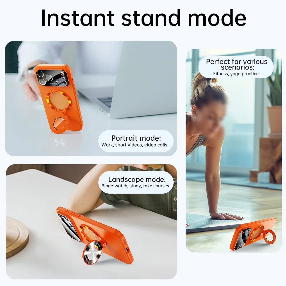 For iPhone 17 Pro Magnetic Case Ultra-thin TPU Anti-drop Phone Cover with Kickstand and Tempered Glass Compatible with MagSafe - Orange - 6