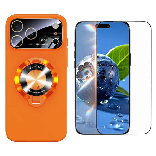 For iPhone 17 Pro Max Magnetic Case Ultra-thin TPU Anti-drop Phone Cover with Kickstand and Tempered Glass Compatible with MagSafe - Orange - 1