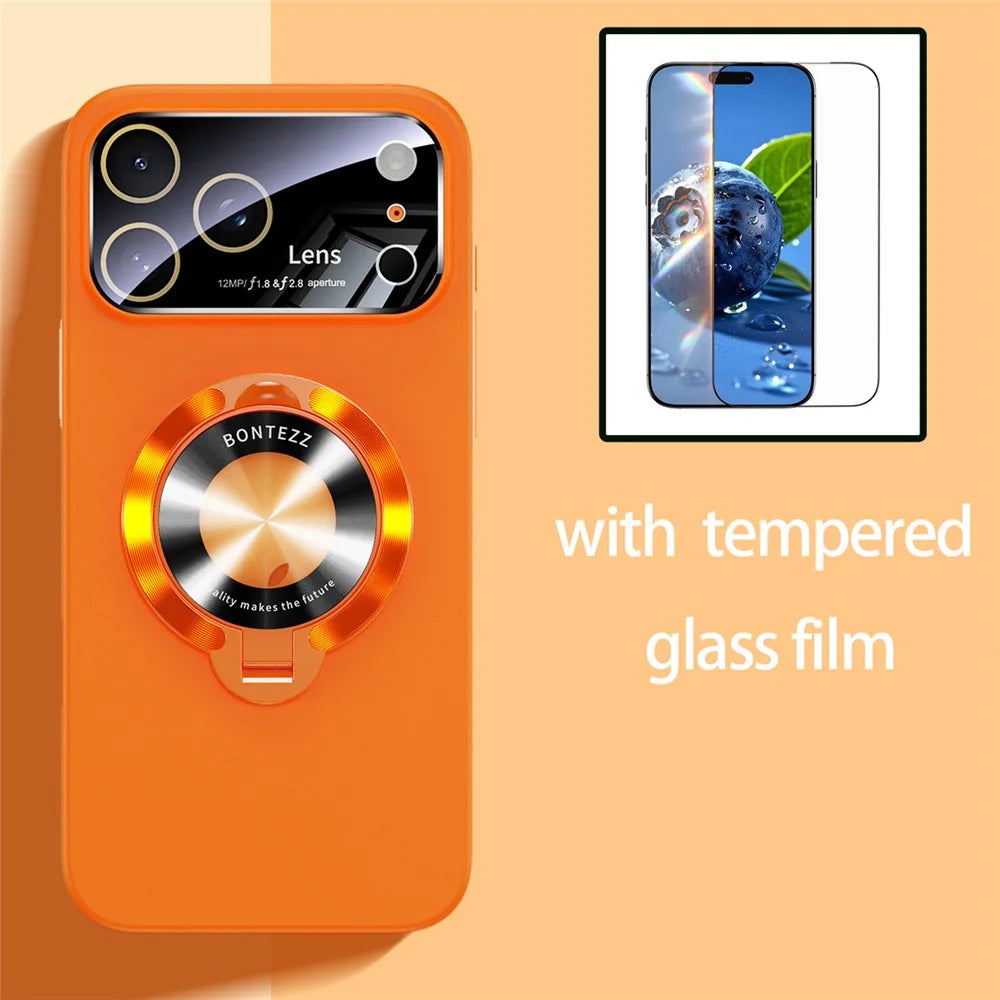 For iPhone 17 Pro Max Magnetic Case Ultra-thin TPU Anti-drop Phone Cover with Kickstand and Tempered Glass Compatible with MagSafe - Orange - 4