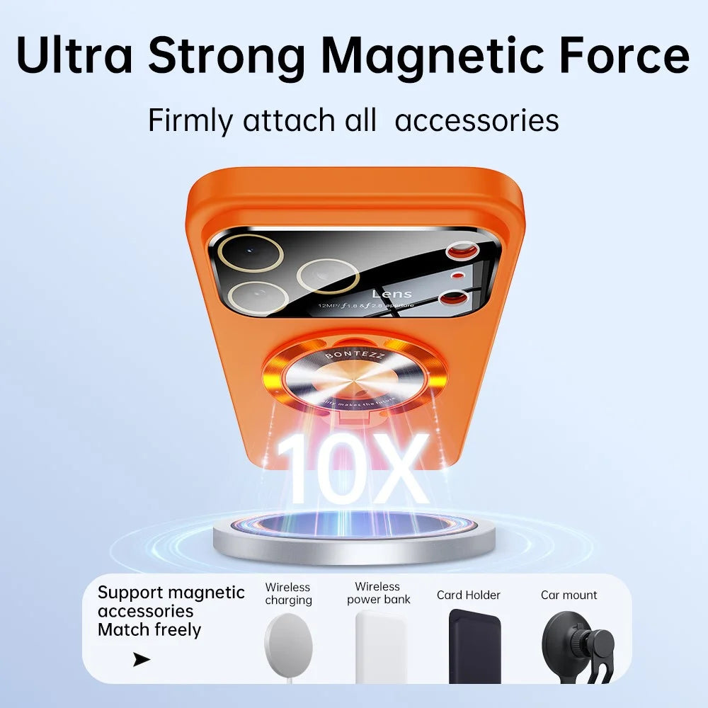 For iPhone 17 Pro Max Magnetic Case Ultra-thin TPU Anti-drop Phone Cover with Kickstand and Tempered Glass Compatible with MagSafe - Orange - 5
