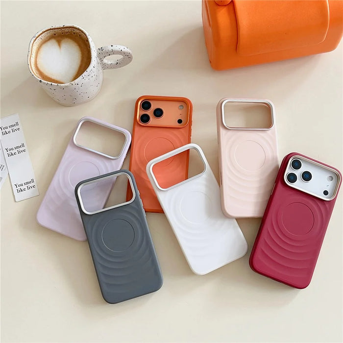 For iPhone 17 Pro Max Magnetic Case Ripple Texture TPU Phone Cover with Tempered Glass Compatible with MagSafe - Orange - 3