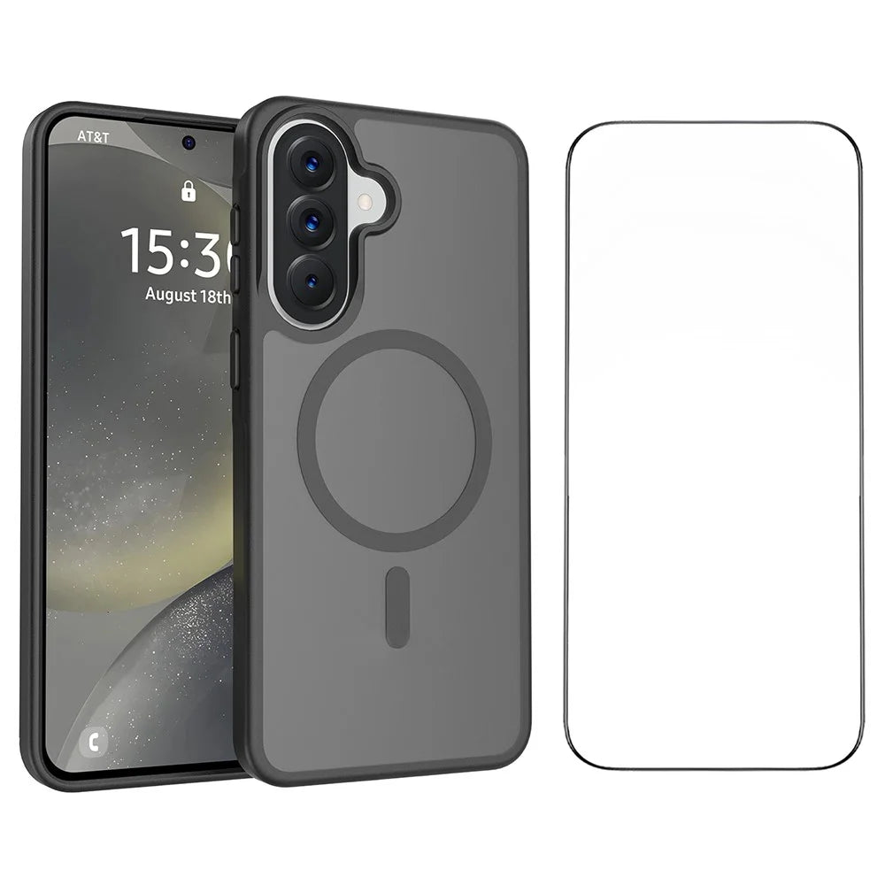 For Samsung Galaxy A57 5G Magnetic Phone Case Matte Finish TPU PC Shockproof Phone Cover with Tempered Glass - Black - 1