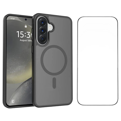 For Samsung Galaxy A57 5G Magnetic Phone Case Matte Finish TPU PC Shockproof Phone Cover with Tempered Glass - Black - 1