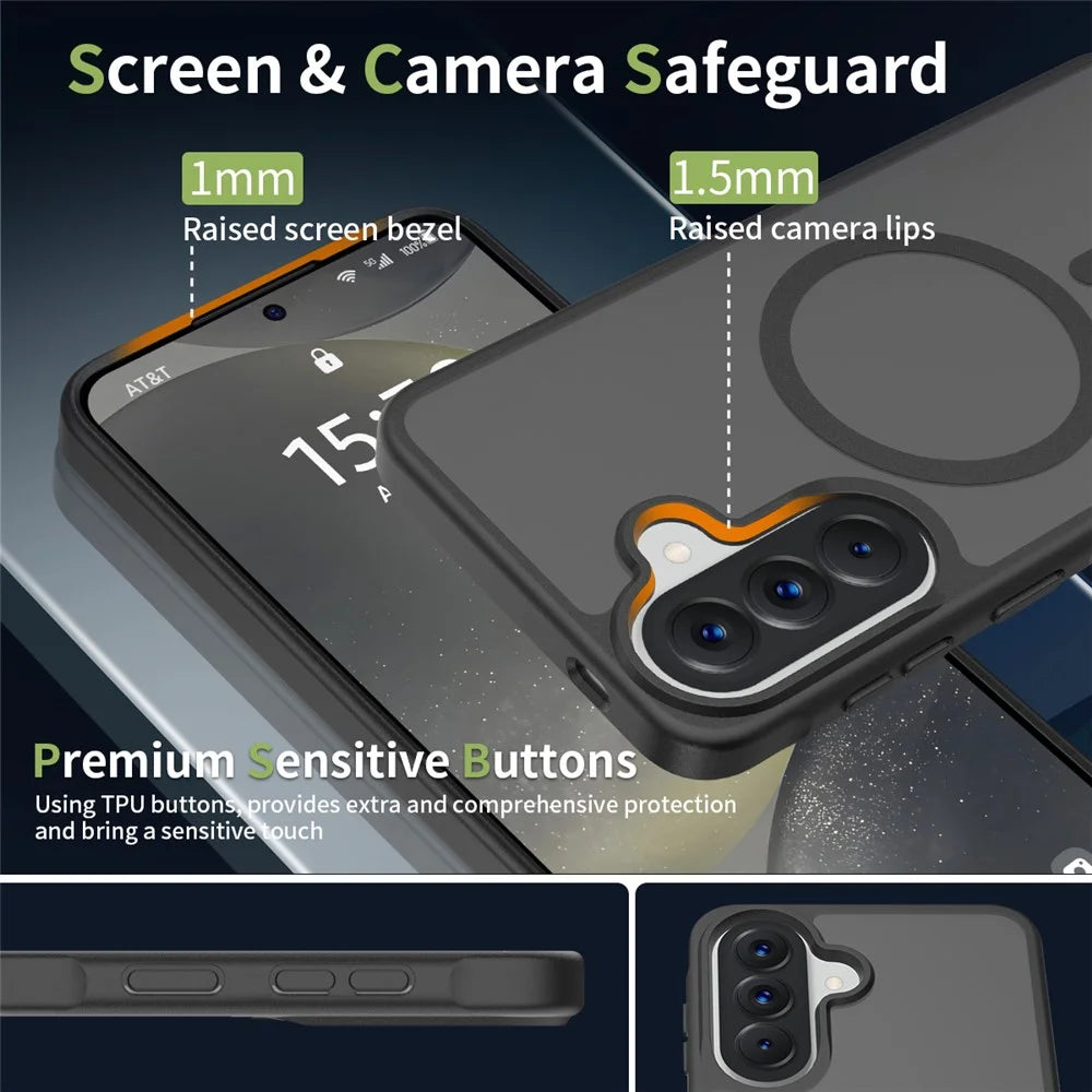 For Samsung Galaxy A57 5G Magnetic Phone Case Matte Finish TPU PC Shockproof Phone Cover with Tempered Glass - Black - 3