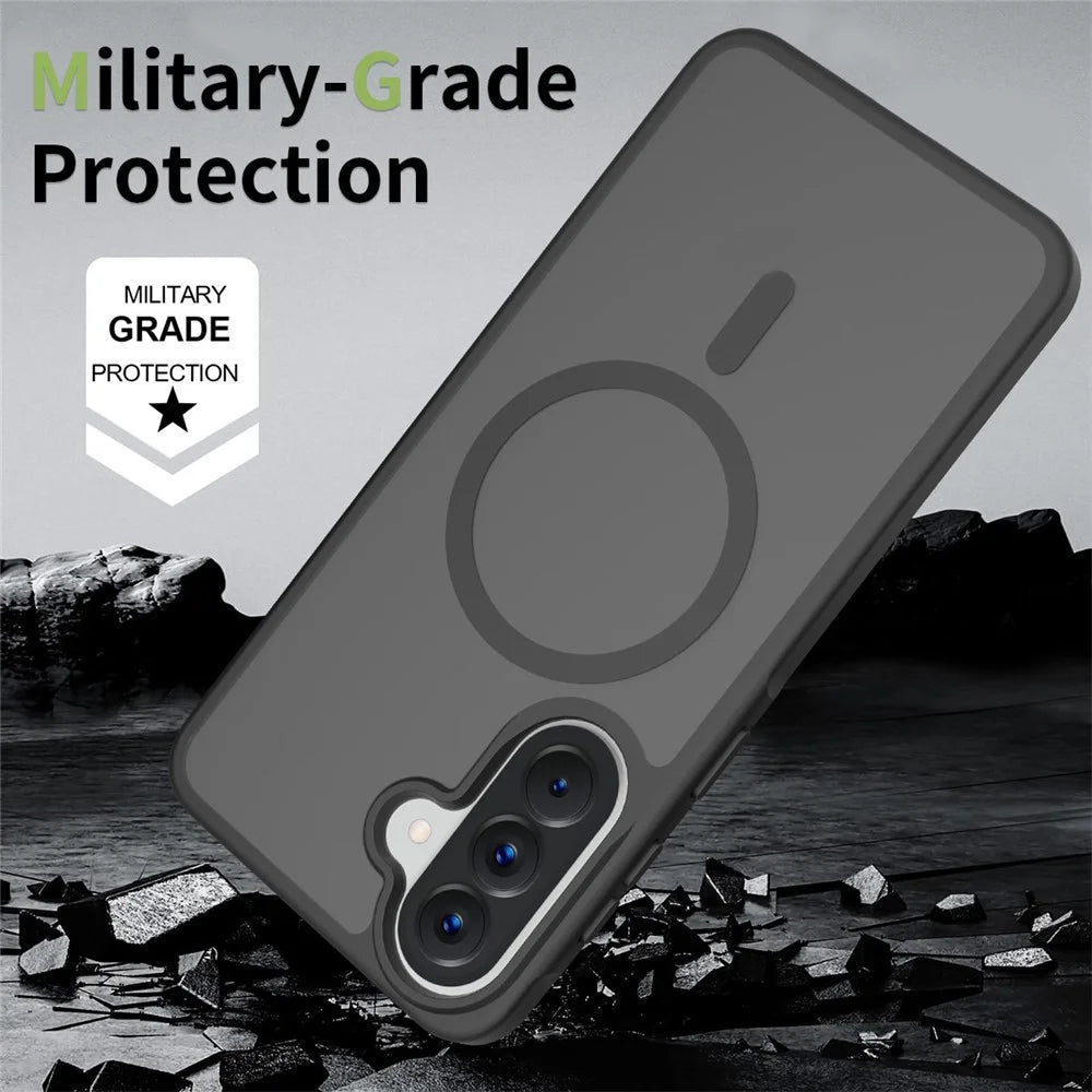 For Samsung Galaxy A57 5G Magnetic Phone Case Matte Finish TPU PC Shockproof Phone Cover with Tempered Glass - Black - 4