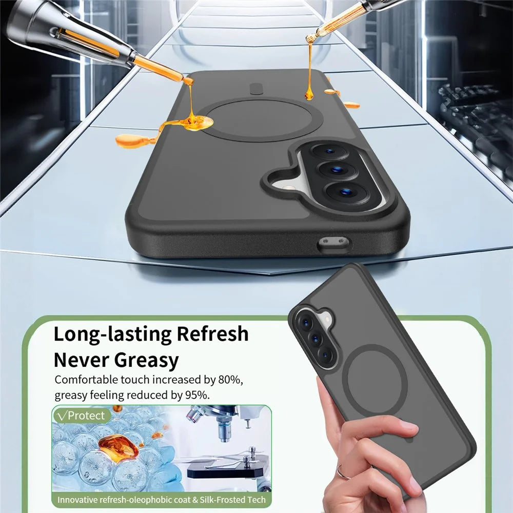 For Samsung Galaxy A57 5G Magnetic Phone Case Matte Finish TPU PC Shockproof Phone Cover with Tempered Glass - Black - 5