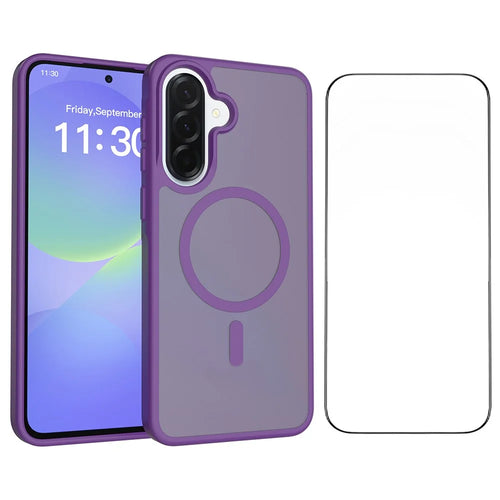 For Samsung Galaxy A37 5G Magnetic Phone Case Matte Finish TPU PC Shockproof Phone Cover with Tempered Glass - Dark Purple - 1