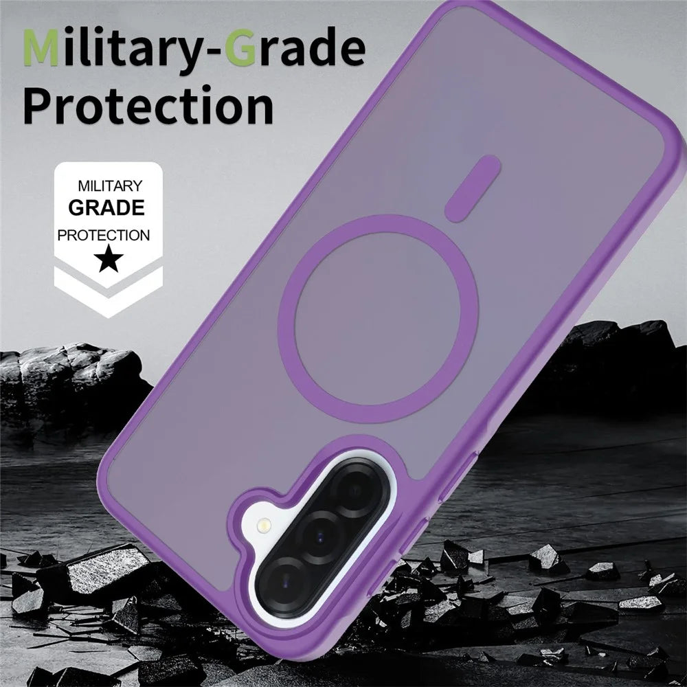 For Samsung Galaxy A37 5G Magnetic Phone Case Matte Finish TPU PC Shockproof Phone Cover with Tempered Glass - Dark Purple - 4