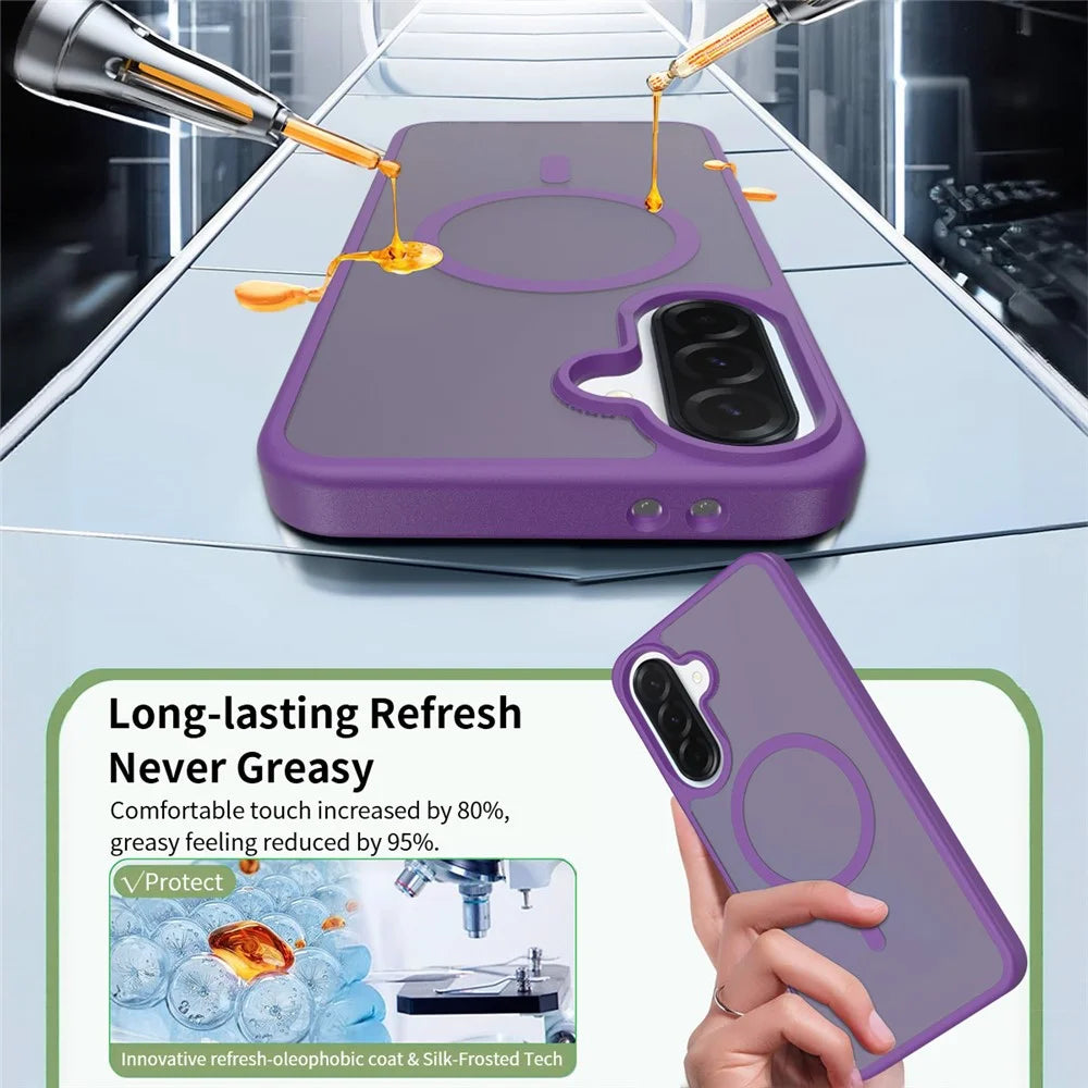 For Samsung Galaxy A37 5G Magnetic Phone Case Matte Finish TPU PC Shockproof Phone Cover with Tempered Glass - Dark Purple - 5