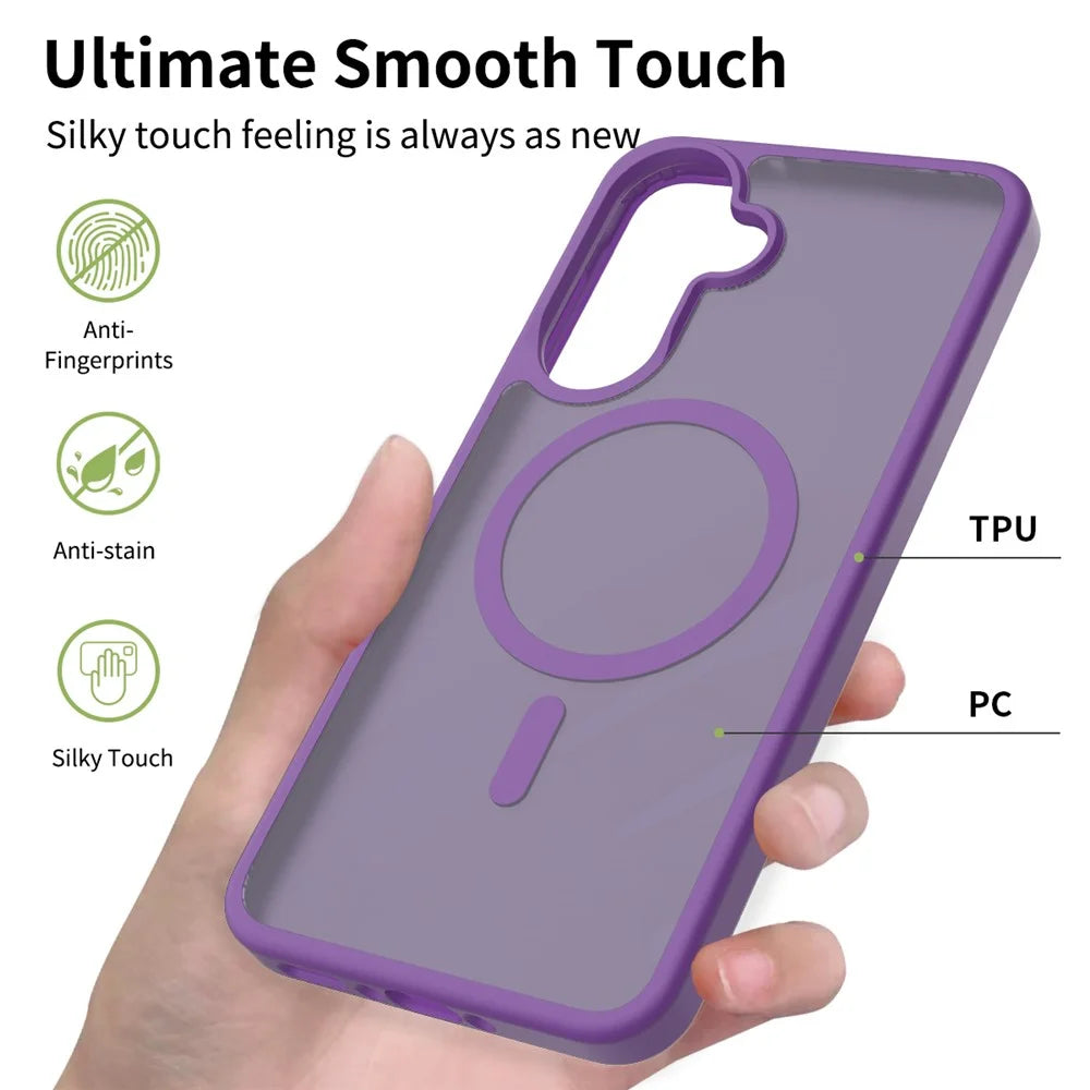 For Samsung Galaxy A56 5G Magnetic Phone Case Matte Finish TPU PC Shockproof Phone Cover with Tempered Glass - Dark Purple - 2