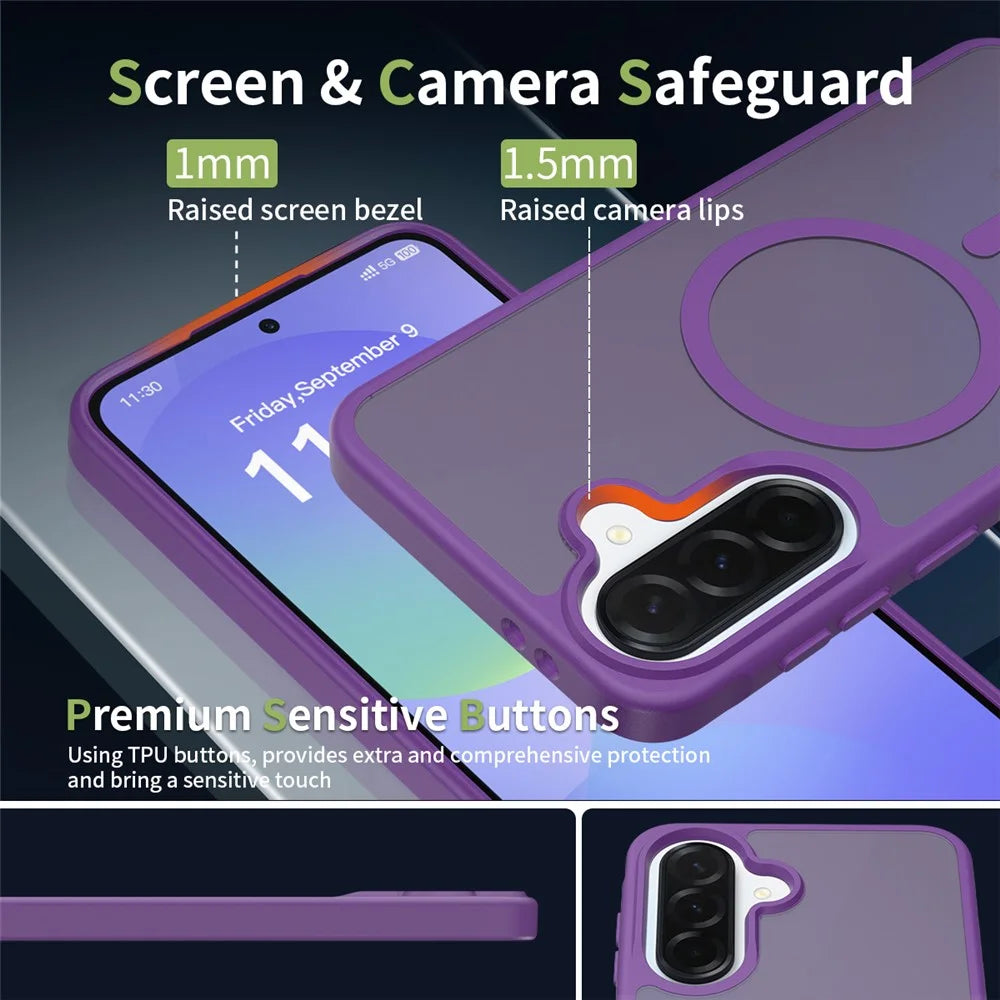 For Samsung Galaxy A56 5G Magnetic Phone Case Matte Finish TPU PC Shockproof Phone Cover with Tempered Glass - Dark Purple - 3