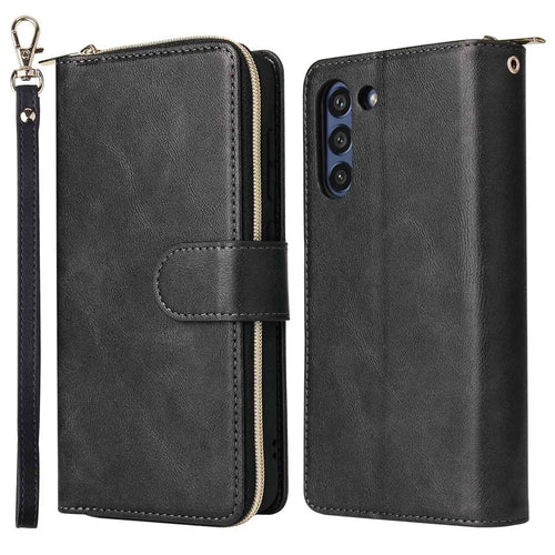 Anti-drop PU Leather Shell for Samsung Galaxy S21 FE 5G, Stand Wallet Phone Flip Case Magnetic 9 Card Holder Slots Zipper Pocket Cover with Strap - Black - 1