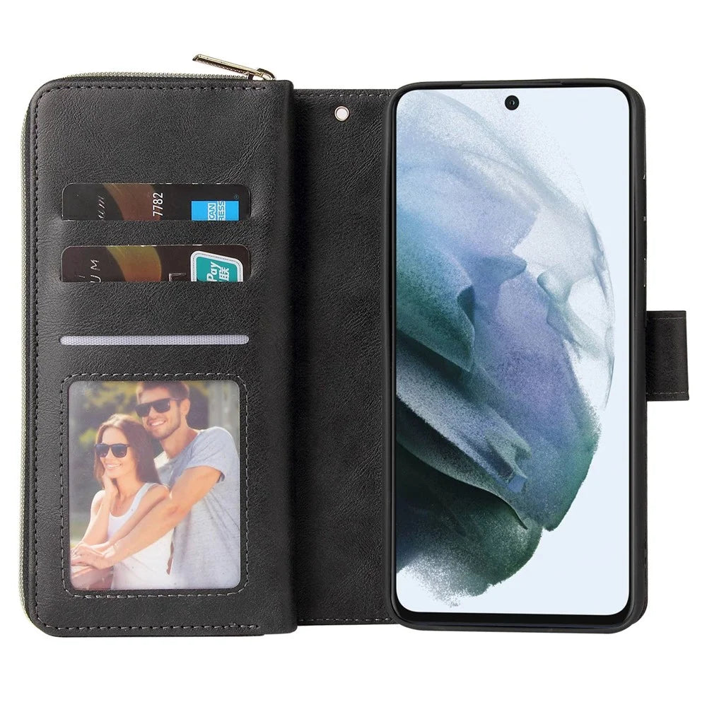 Anti-drop PU Leather Shell for Samsung Galaxy S21 FE 5G, Stand Wallet Phone Flip Case Magnetic 9 Card Holder Slots Zipper Pocket Cover with Strap - Black - 2