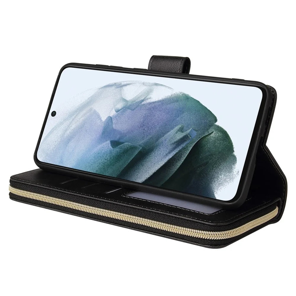 Anti-drop PU Leather Shell for Samsung Galaxy S21 FE 5G, Stand Wallet Phone Flip Case Magnetic 9 Card Holder Slots Zipper Pocket Cover with Strap - Black - 3