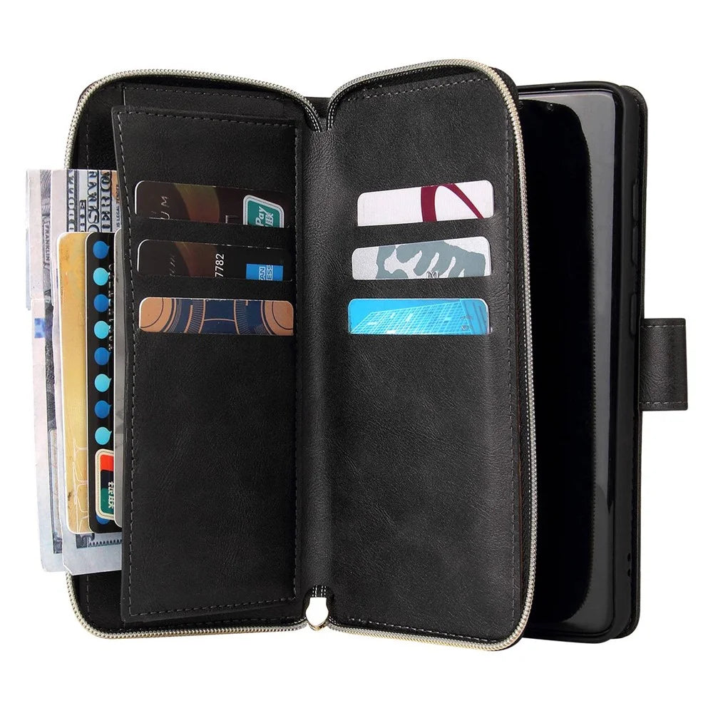 Anti-drop PU Leather Shell for Samsung Galaxy S21 FE 5G, Stand Wallet Phone Flip Case Magnetic 9 Card Holder Slots Zipper Pocket Cover with Strap - Black - 5