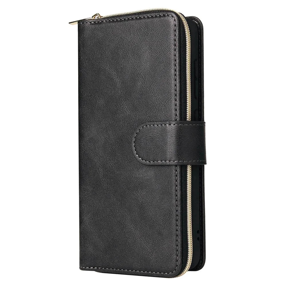 Anti-drop PU Leather Shell for Samsung Galaxy S21 FE 5G, Stand Wallet Phone Flip Case Magnetic 9 Card Holder Slots Zipper Pocket Cover with Strap - Black - 6