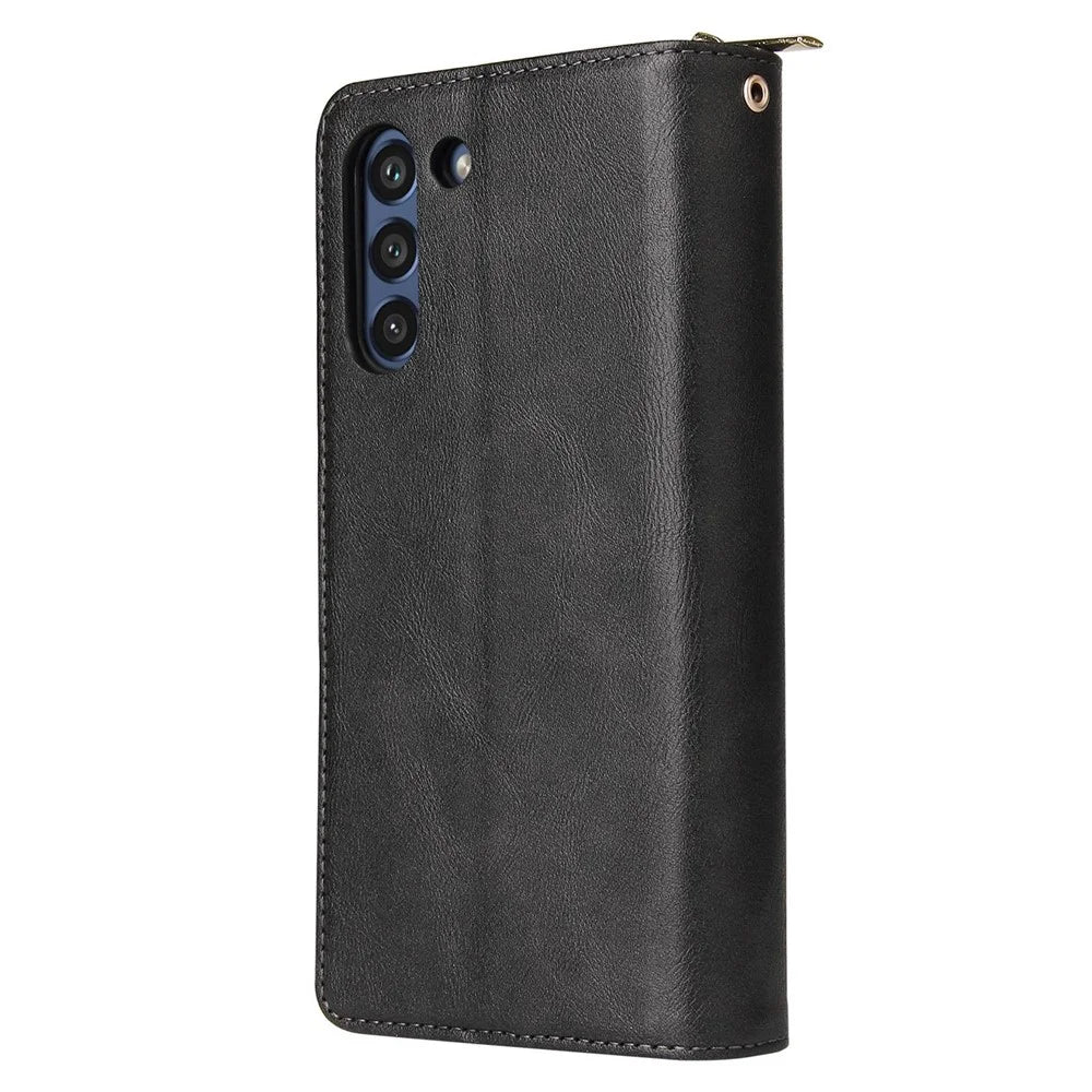 Anti-drop PU Leather Shell for Samsung Galaxy S21 FE 5G, Stand Wallet Phone Flip Case Magnetic 9 Card Holder Slots Zipper Pocket Cover with Strap - Black - 7