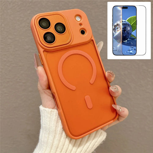 For iPhone 17 Pro Max Matte Case PC + TPU All-wrapped Protection Magnetic Phone Cover with Tempered Glass Compatible with MagSafe - Orange - 1