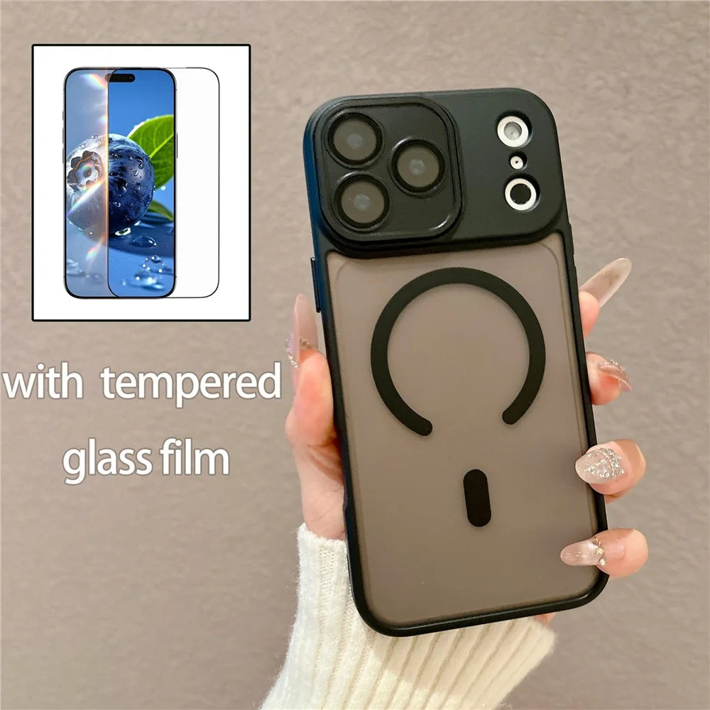 For iPhone 17 Pro Max Matte Case PC + TPU All-wrapped Protection Magnetic Phone Cover with Tempered Glass Compatible with MagSafe - Orange - 3