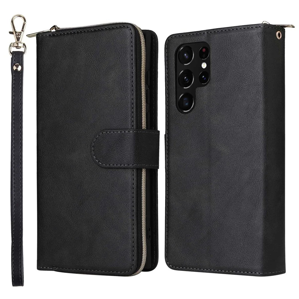 For Samsung Galaxy S22 Ultra 5G Ultra-slim PU Leather Wallet Phone Case 9 Card Slots Zipper Pocket Stand Flip Cover - Black - 1