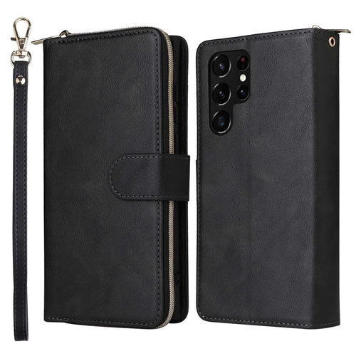 For Samsung Galaxy S22 Ultra 5G Ultra-slim PU Leather Wallet Phone Case 9 Card Slots Zipper Pocket Stand Flip Cover - Black - 1