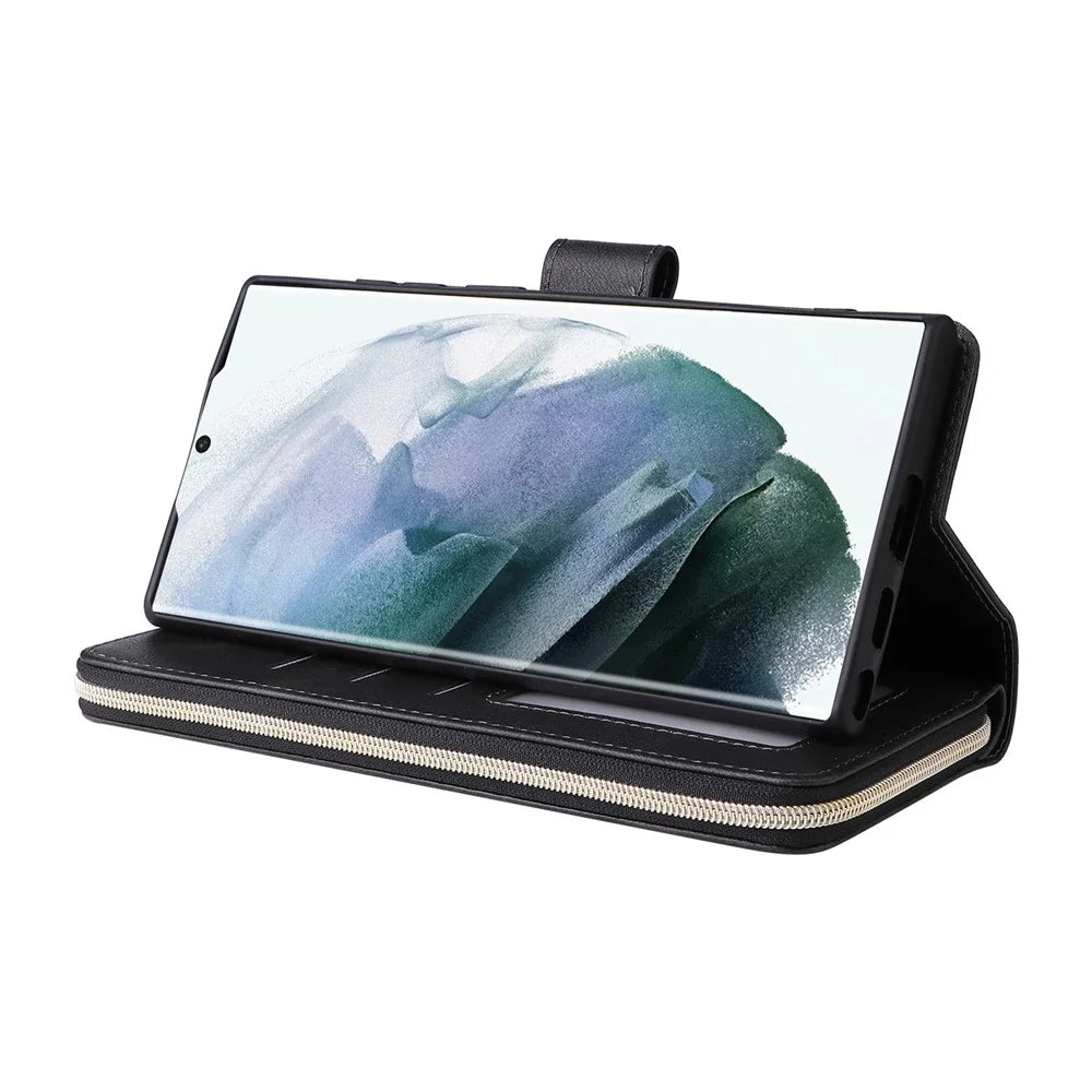 For Samsung Galaxy S22 Ultra 5G Ultra-slim PU Leather Wallet Phone Case 9 Card Slots Zipper Pocket Stand Flip Cover - Black - 3