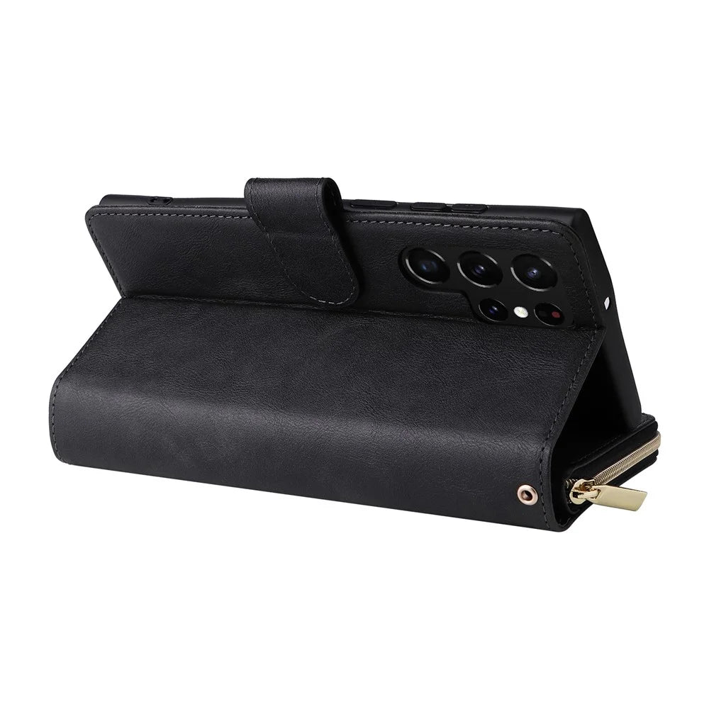 For Samsung Galaxy S22 Ultra 5G Ultra-slim PU Leather Wallet Phone Case 9 Card Slots Zipper Pocket Stand Flip Cover - Black - 4