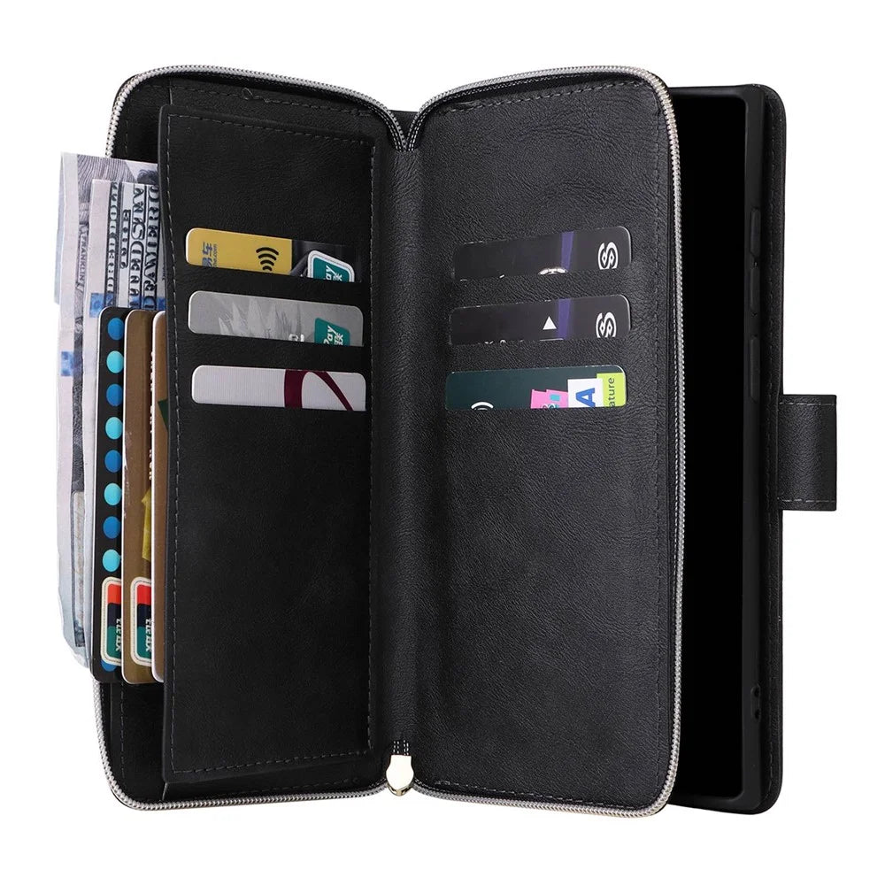 For Samsung Galaxy S22 Ultra 5G Ultra-slim PU Leather Wallet Phone Case 9 Card Slots Zipper Pocket Stand Flip Cover - Black - 5
