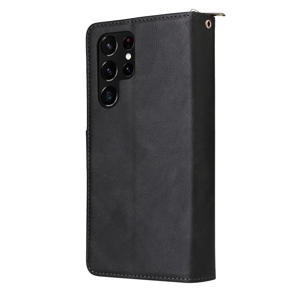 For Samsung Galaxy S22 Ultra 5G Ultra-slim PU Leather Wallet Phone Case 9 Card Slots Zipper Pocket Stand Flip Cover - Black - 7
