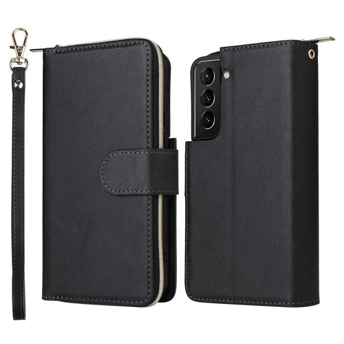 For Samsung Galaxy S22 5G Supporting Stand Flip Phone Cover PU Leather Wallet Phone Case with 9 Card Slots and Zipper Pocket - Black - 1