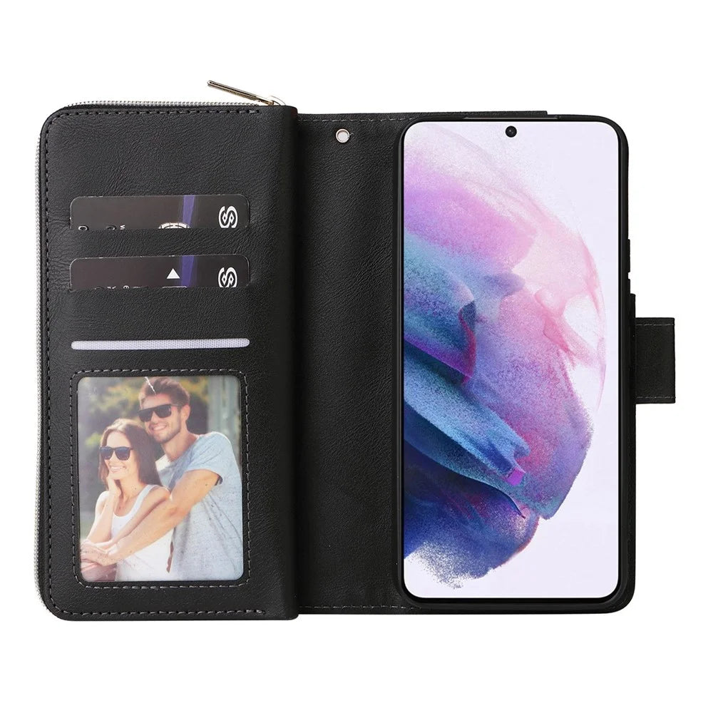 For Samsung Galaxy S22+ 5G Zipper Pocket Stand Flip Cover PU Leather Wallet Phone Case with 9 Card Slots - Black - 2