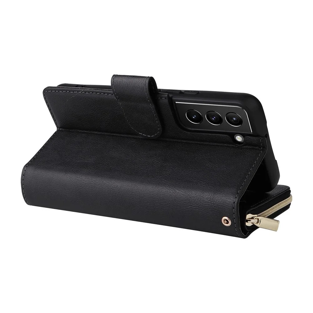 For Samsung Galaxy S22+ 5G Zipper Pocket Stand Flip Cover PU Leather Wallet Phone Case with 9 Card Slots - Black - 4