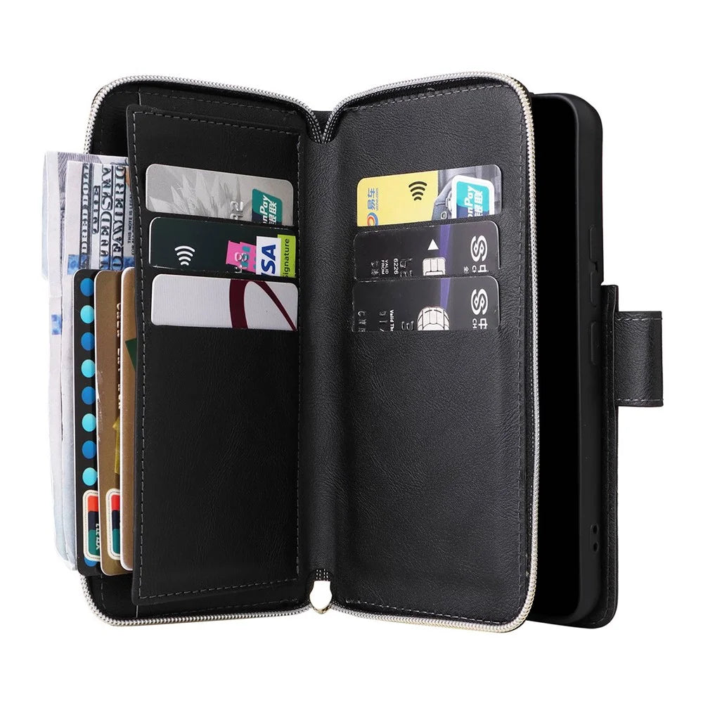 For Samsung Galaxy S22+ 5G Zipper Pocket Stand Flip Cover PU Leather Wallet Phone Case with 9 Card Slots - Black - 5