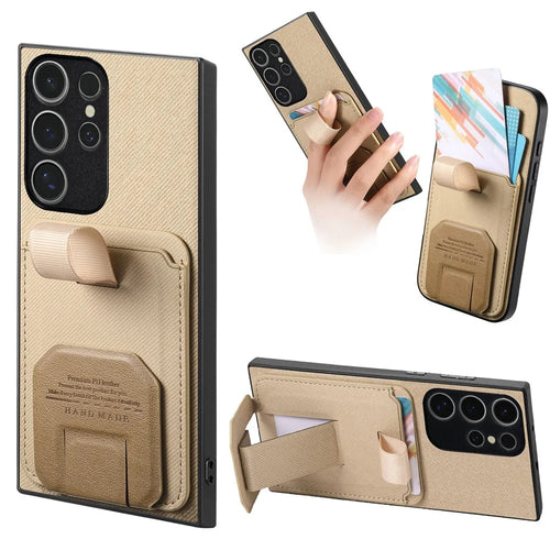 For Samsung Galaxy S26 Ultra Case Cloth Texture TPU PU Leather PC Phone Back Cover  with Card Holder Kickstand - Khaki - 1
