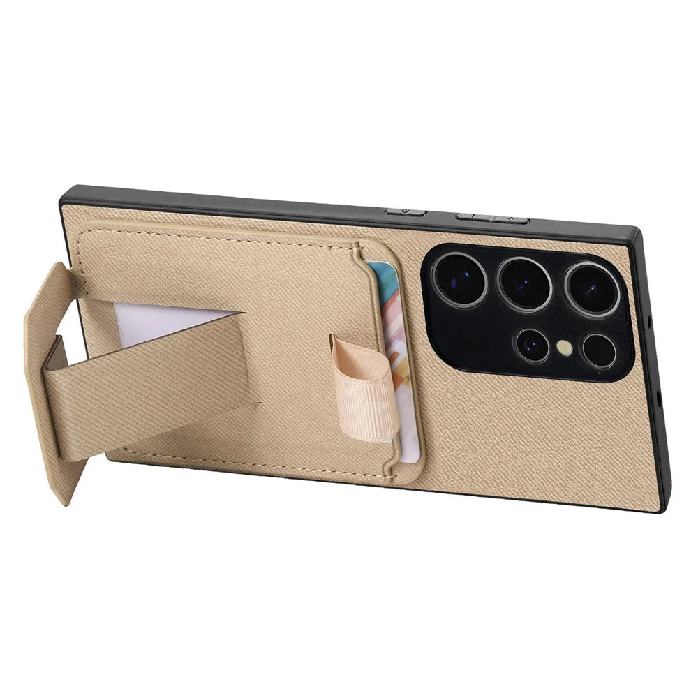 For Samsung Galaxy S26 Ultra Case Cloth Texture TPU PU Leather PC Phone Back Cover  with Card Holder Kickstand - Khaki - 3