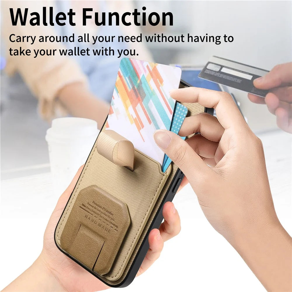 For Samsung Galaxy S26 Ultra Case Cloth Texture TPU PU Leather PC Phone Back Cover  with Card Holder Kickstand - Khaki - 6