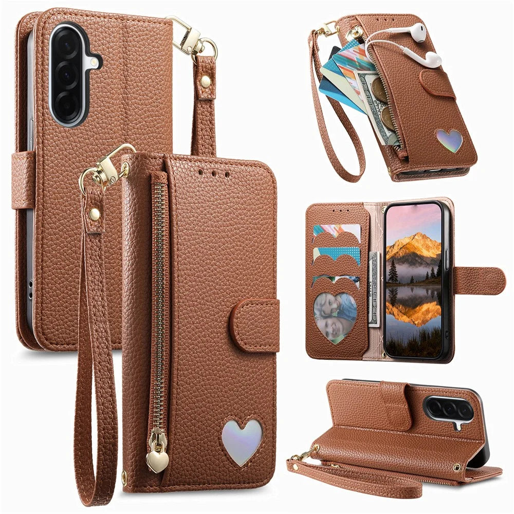 For Samsung Galaxy S26 Case Zipper Pocket TPU PU Leather Wallet Phone Cover with Strap - Brown - 1